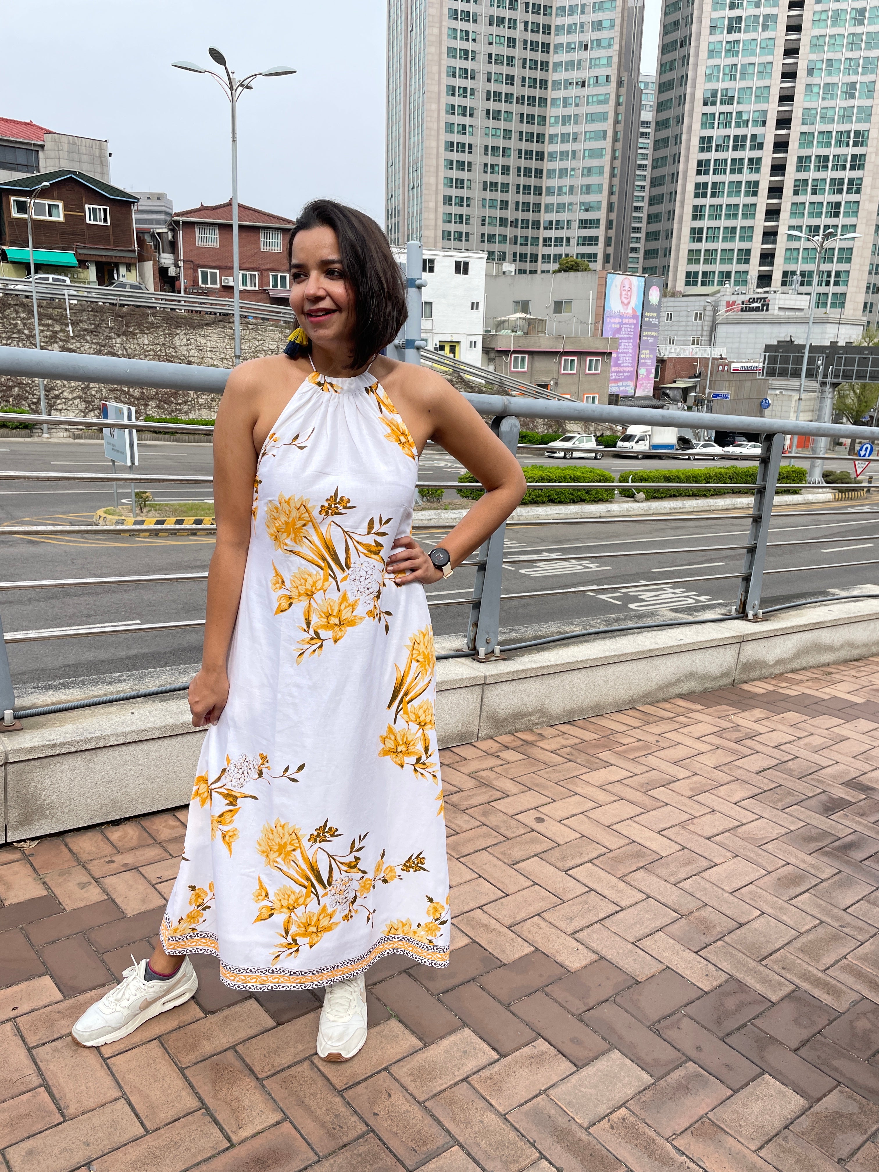 White Yellow Flower Halter Maxi Dress image 3