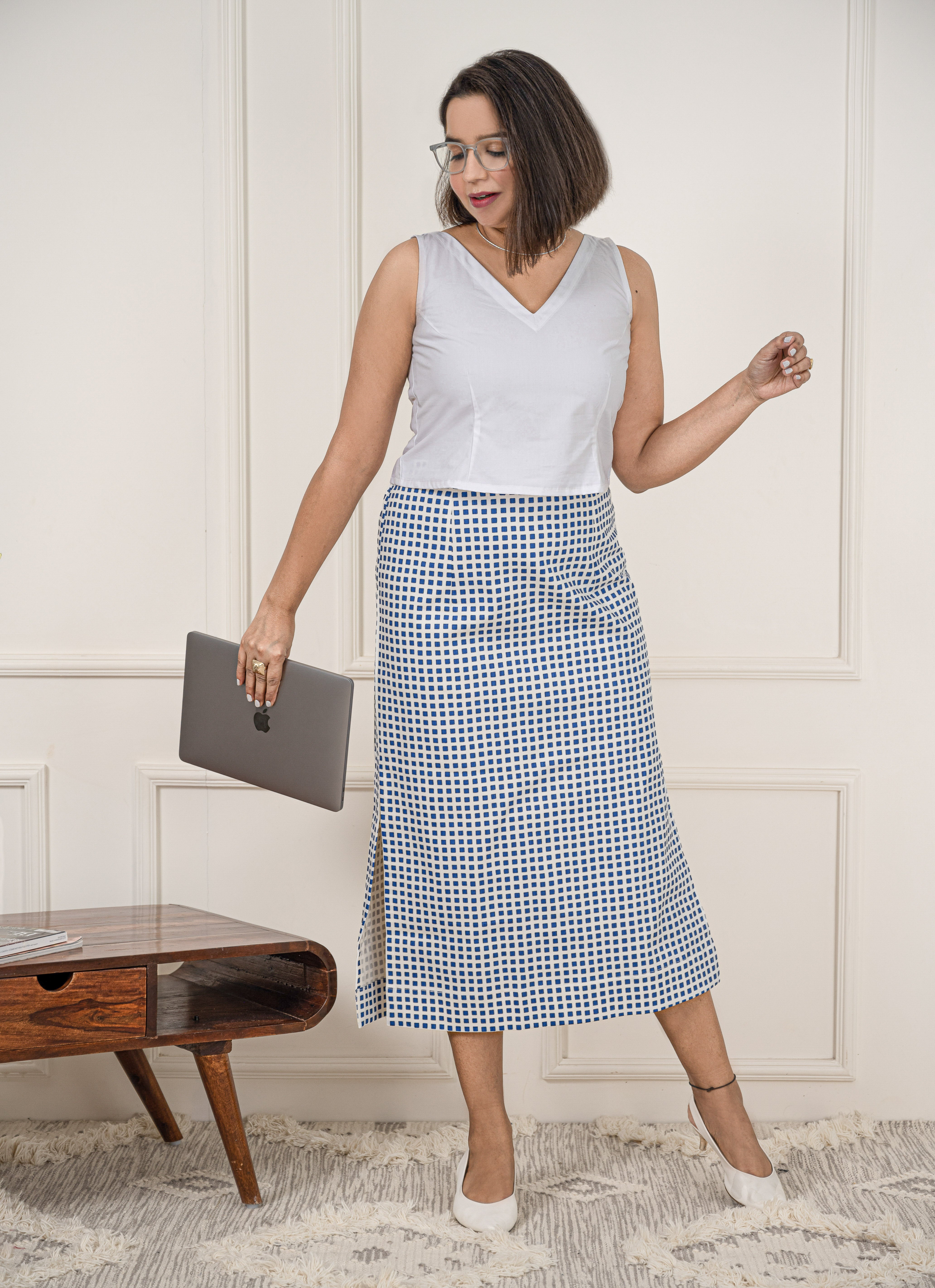 White Blue Checkered Skirt image 1