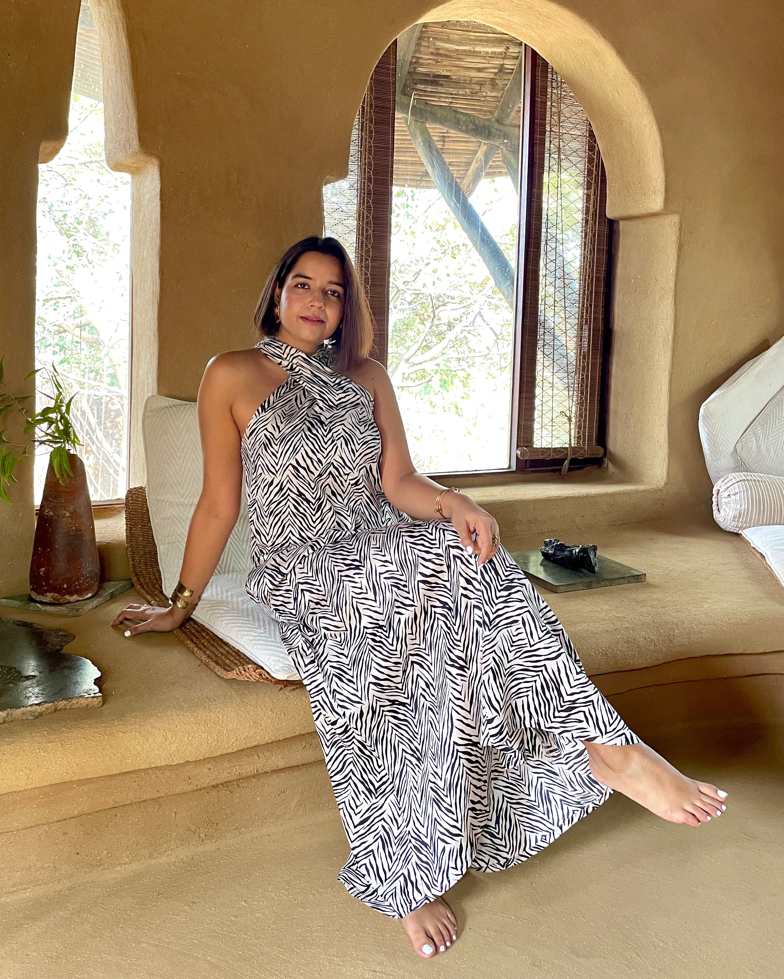 Beige Printed Halter Maxi Dress image 5