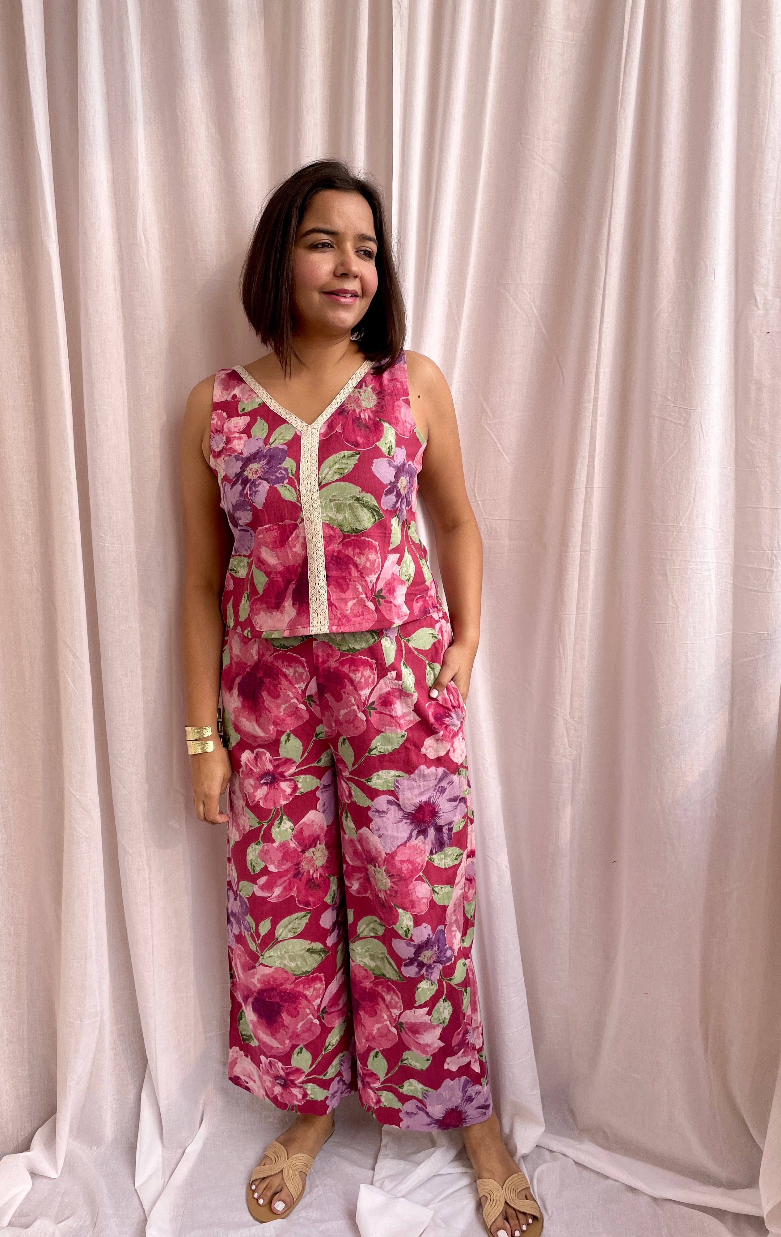 Maroon Flower Print LaceCo-ord Set image 2