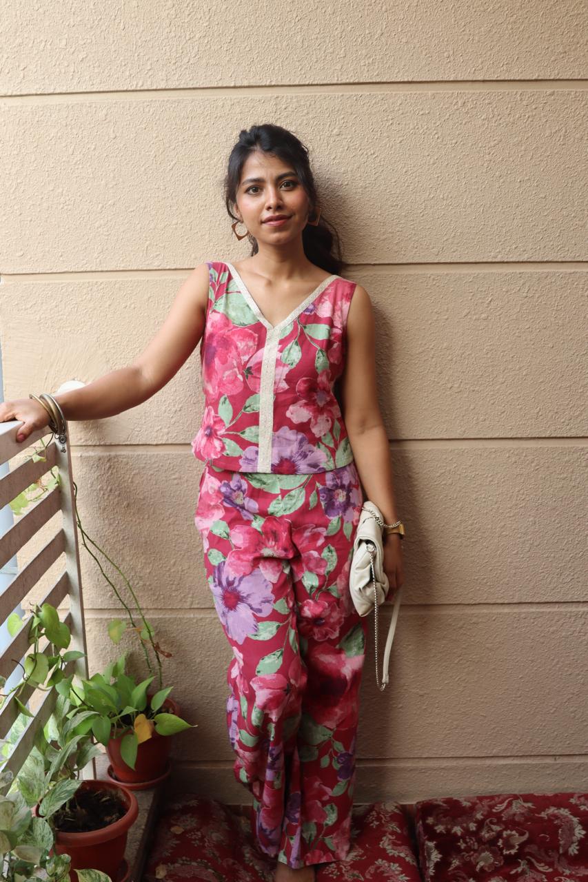 Maroon Flower Print LaceCo-ord Set image 0