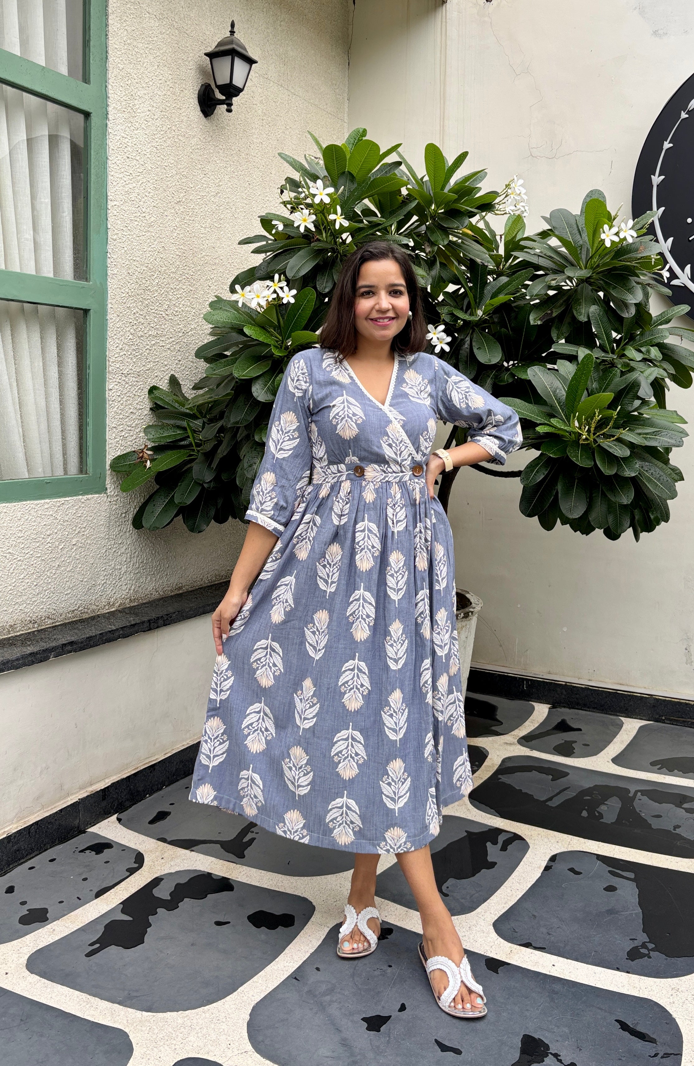 Blue Printed Wrap Dress Lace Detail & Pockets image 4