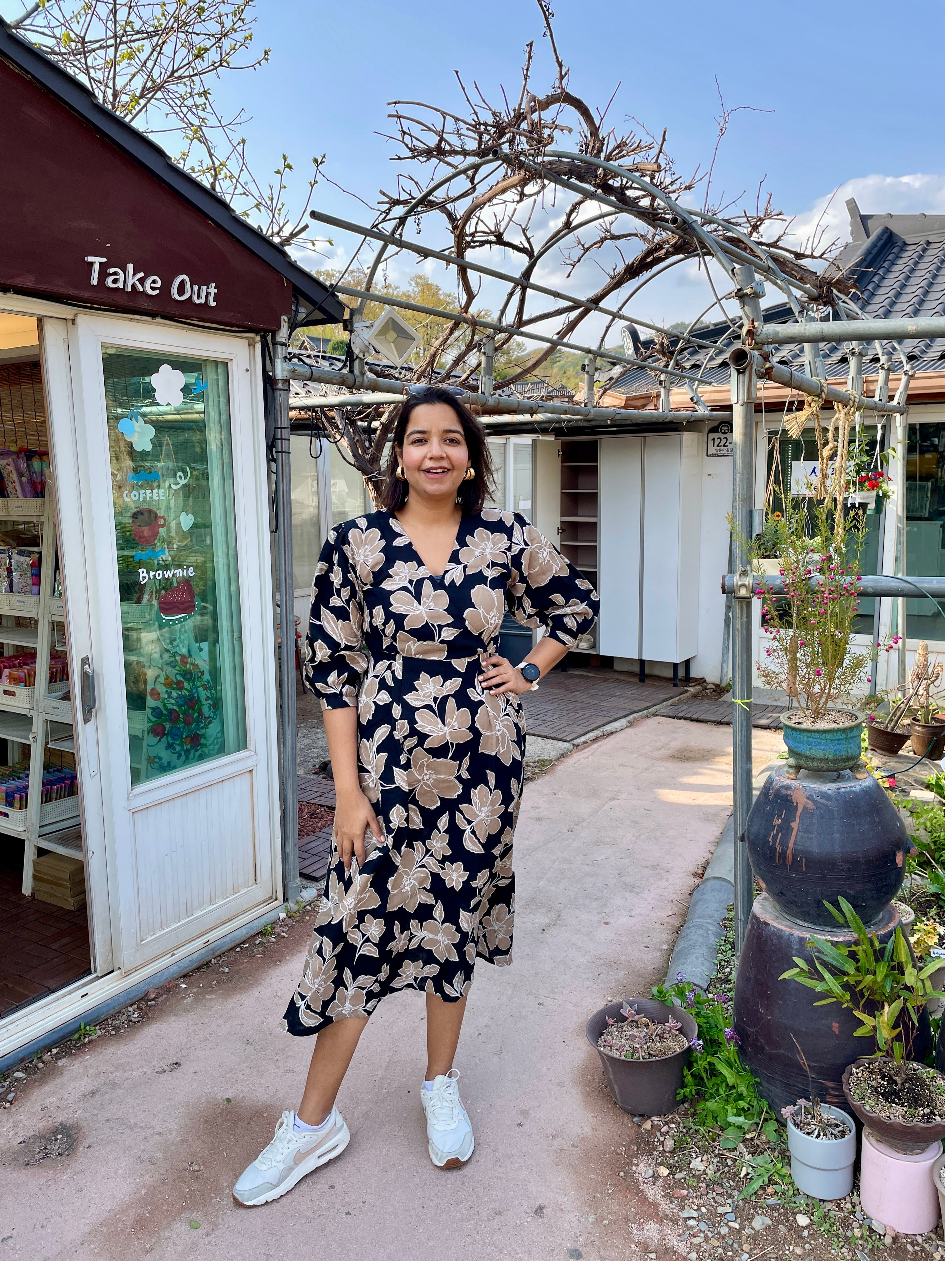 Beige Black Floral Midi Dress image 5