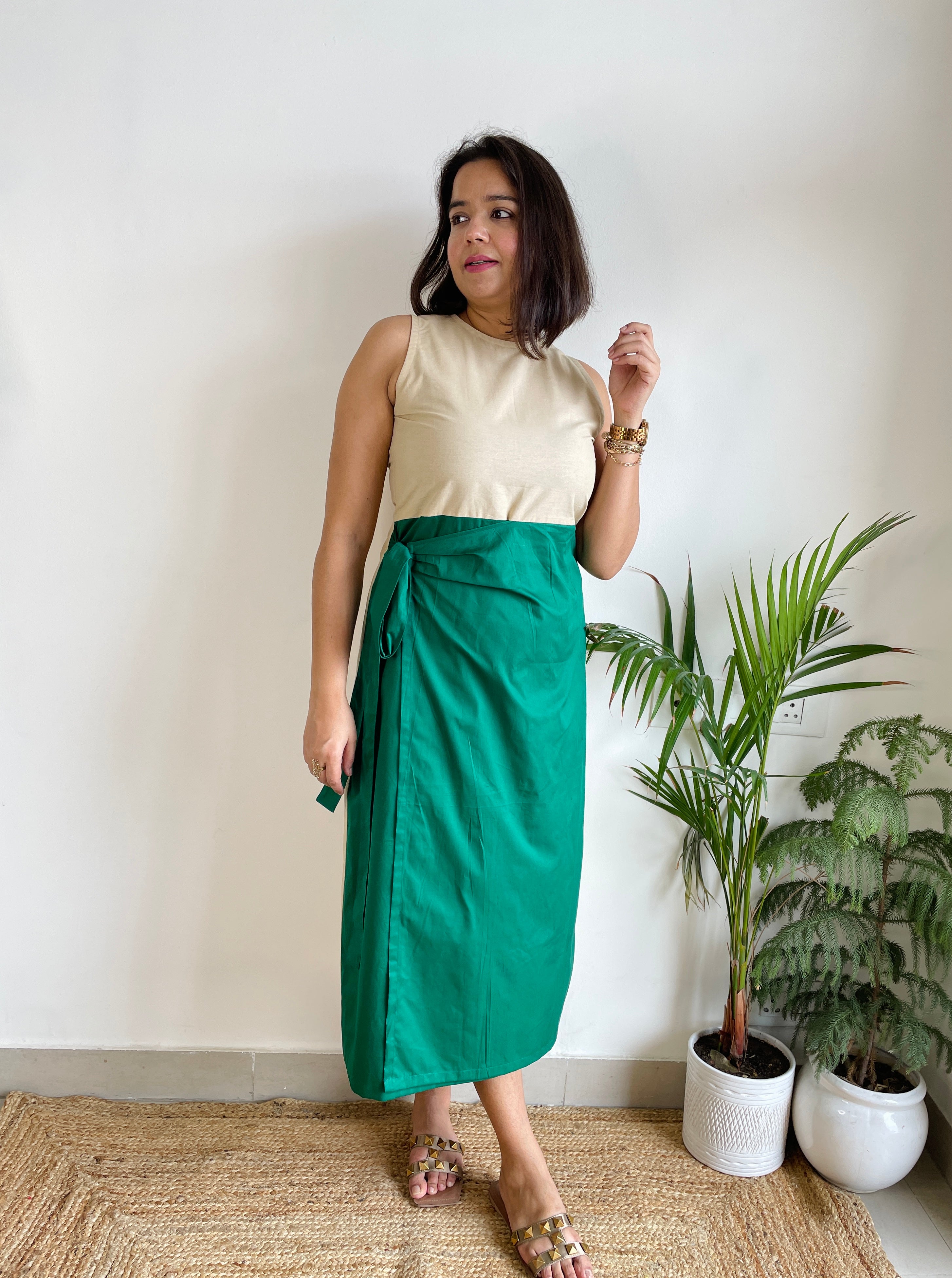 Beige Green Wrap Dress image 3