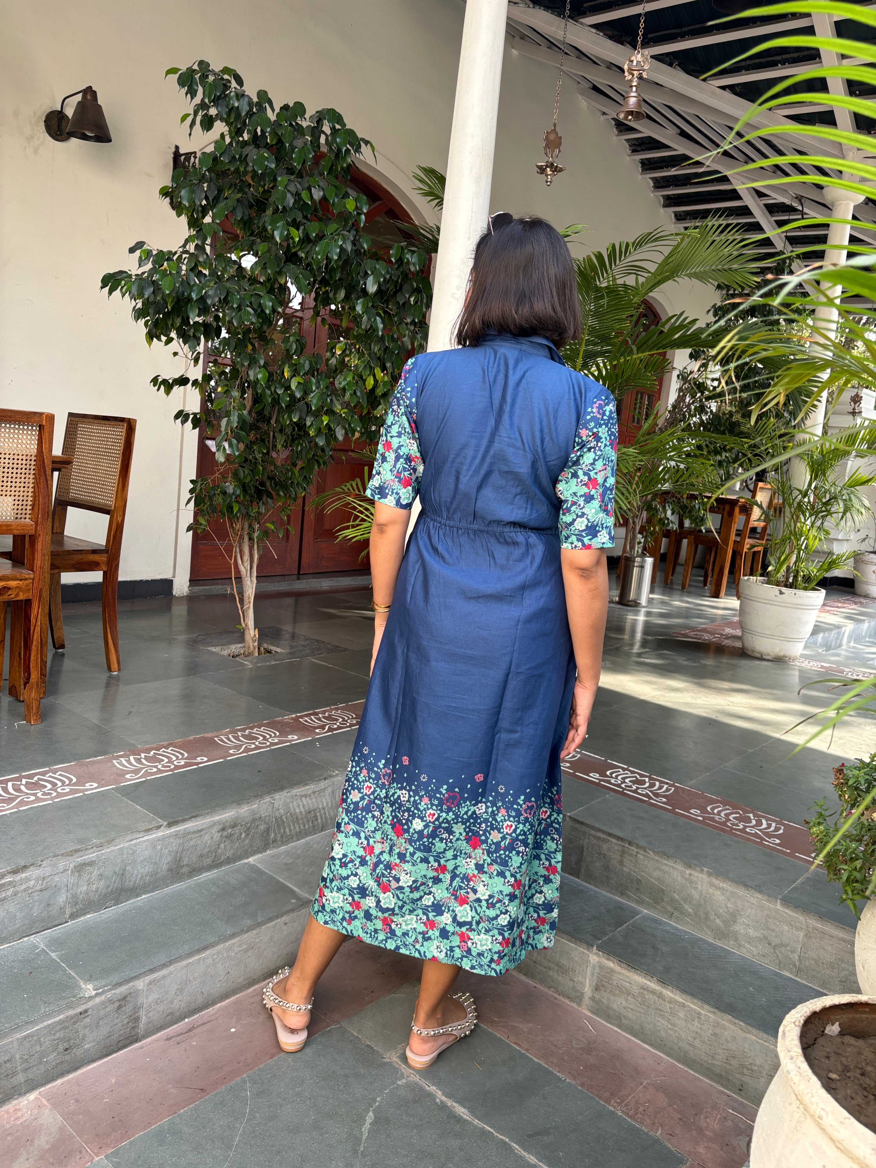 Dusky Blue Linen Printed Midi Dress image 1