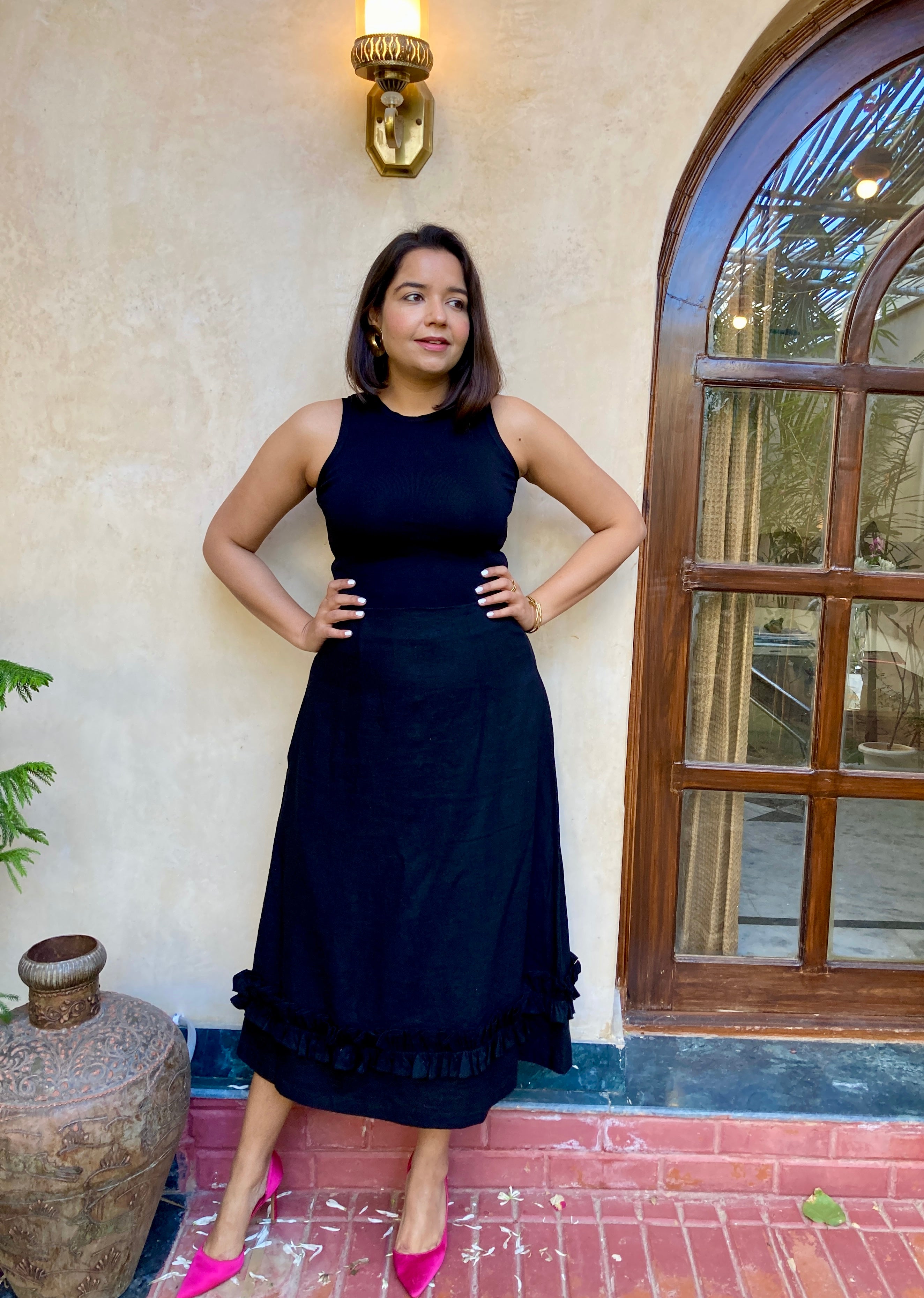 Linen Black Frill Midi Skirt image 0