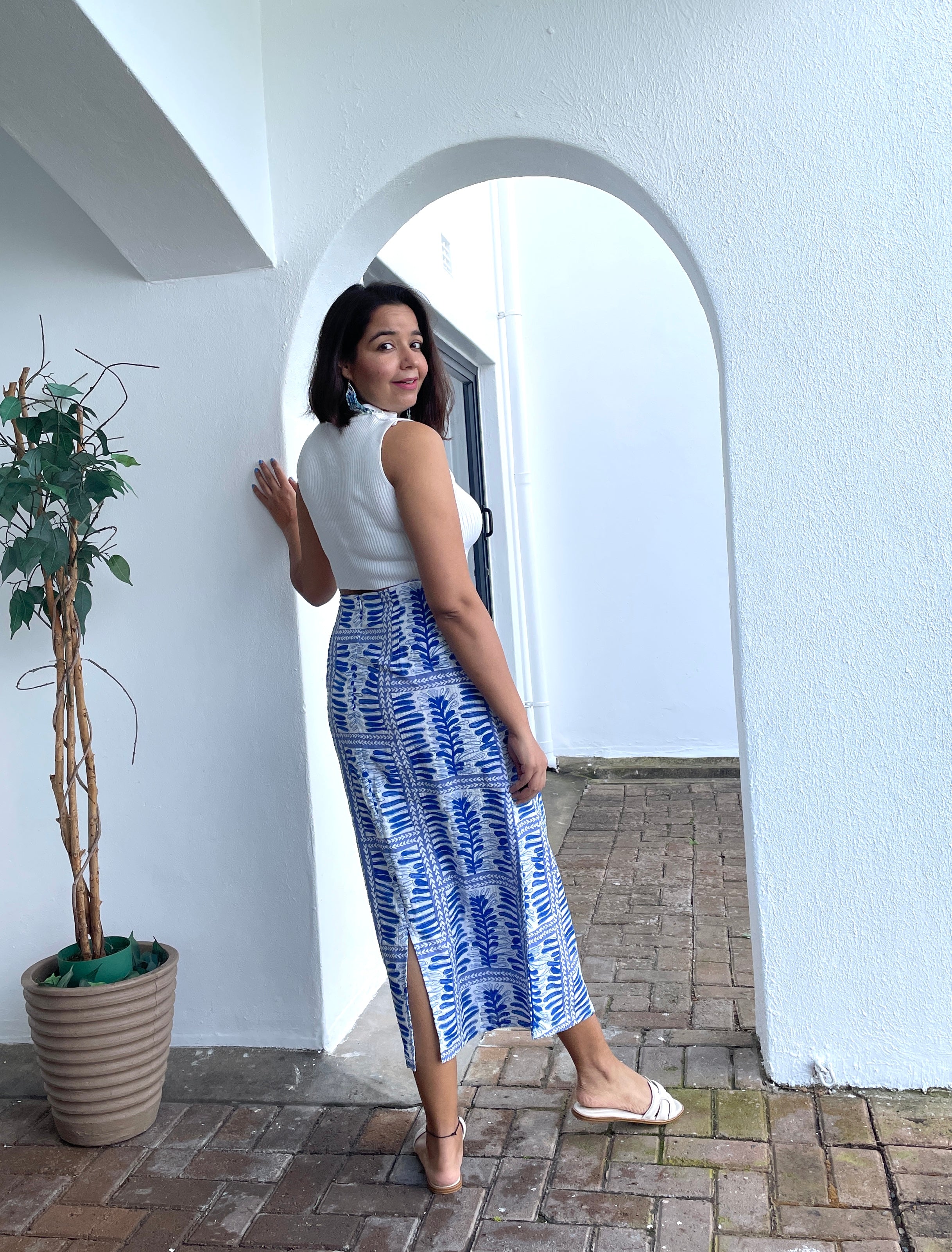 White Blue Printed Midi Skirt image 1