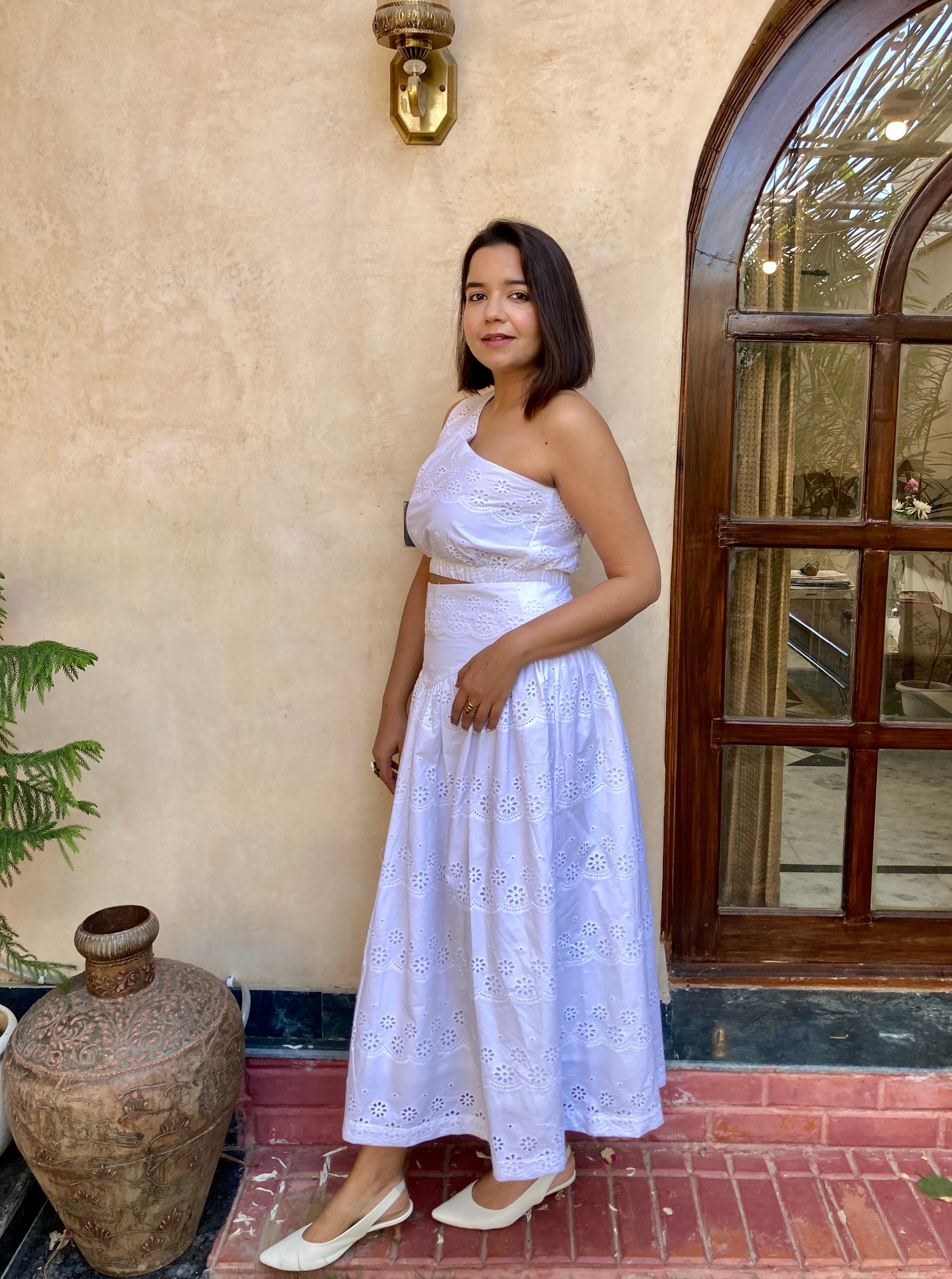 White Schiffli One Shoulder Top and Skirt Coord Set image 2