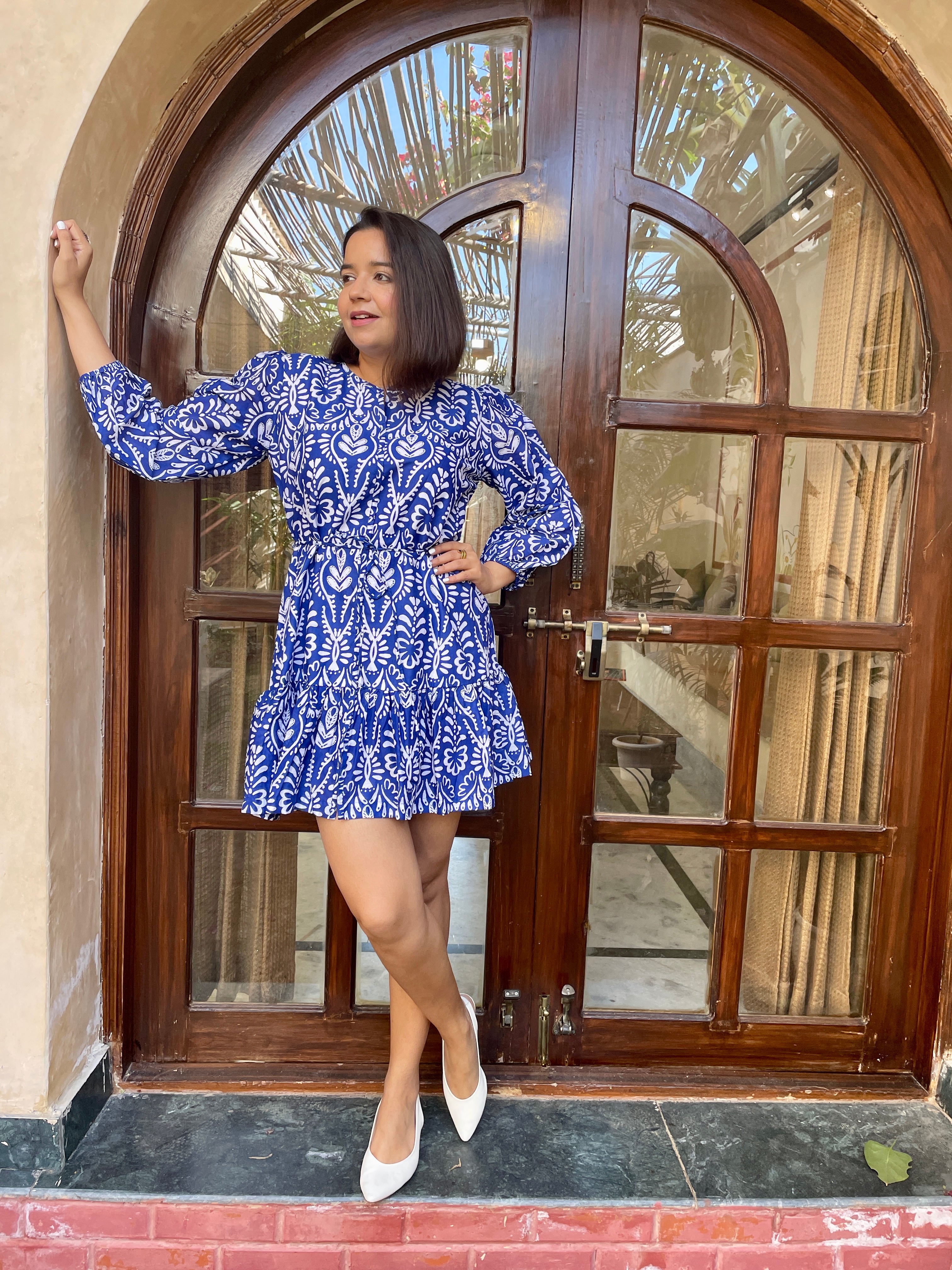 Blue and White Flounce Hem Mini Dress image 6