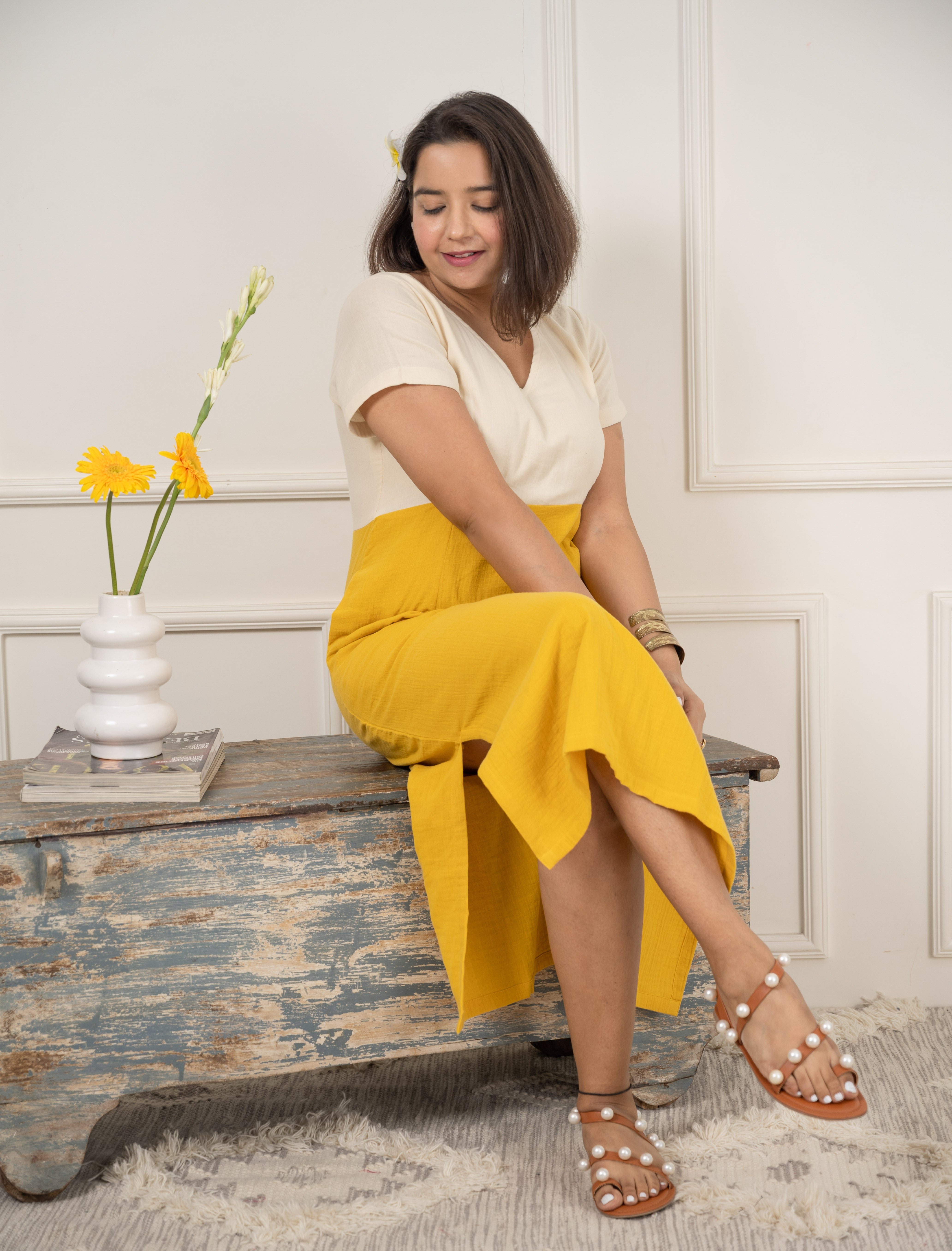 Mustard Yellow Cotton Midi Dress image 3