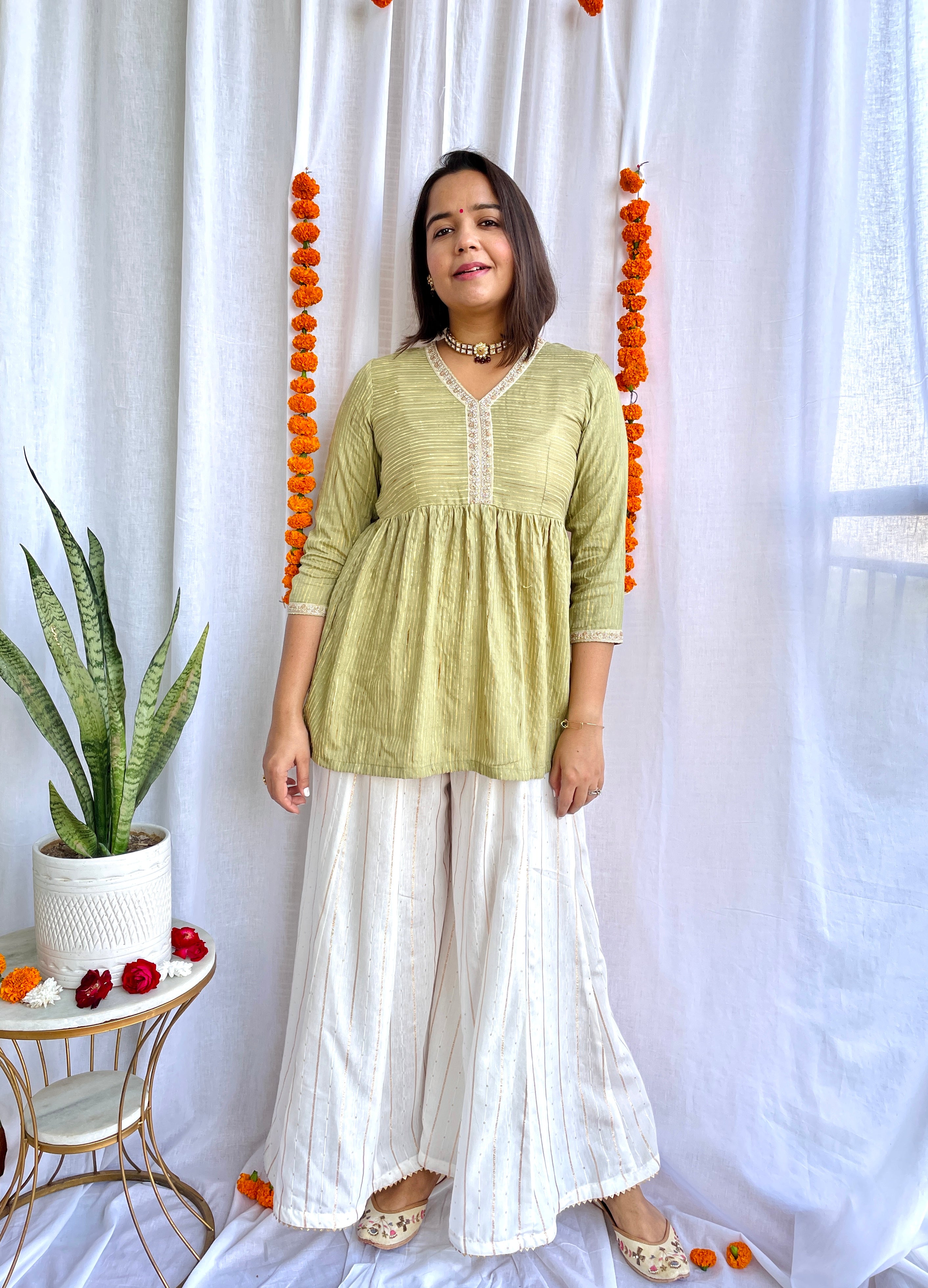 Green White Sharara Suit Set image 0