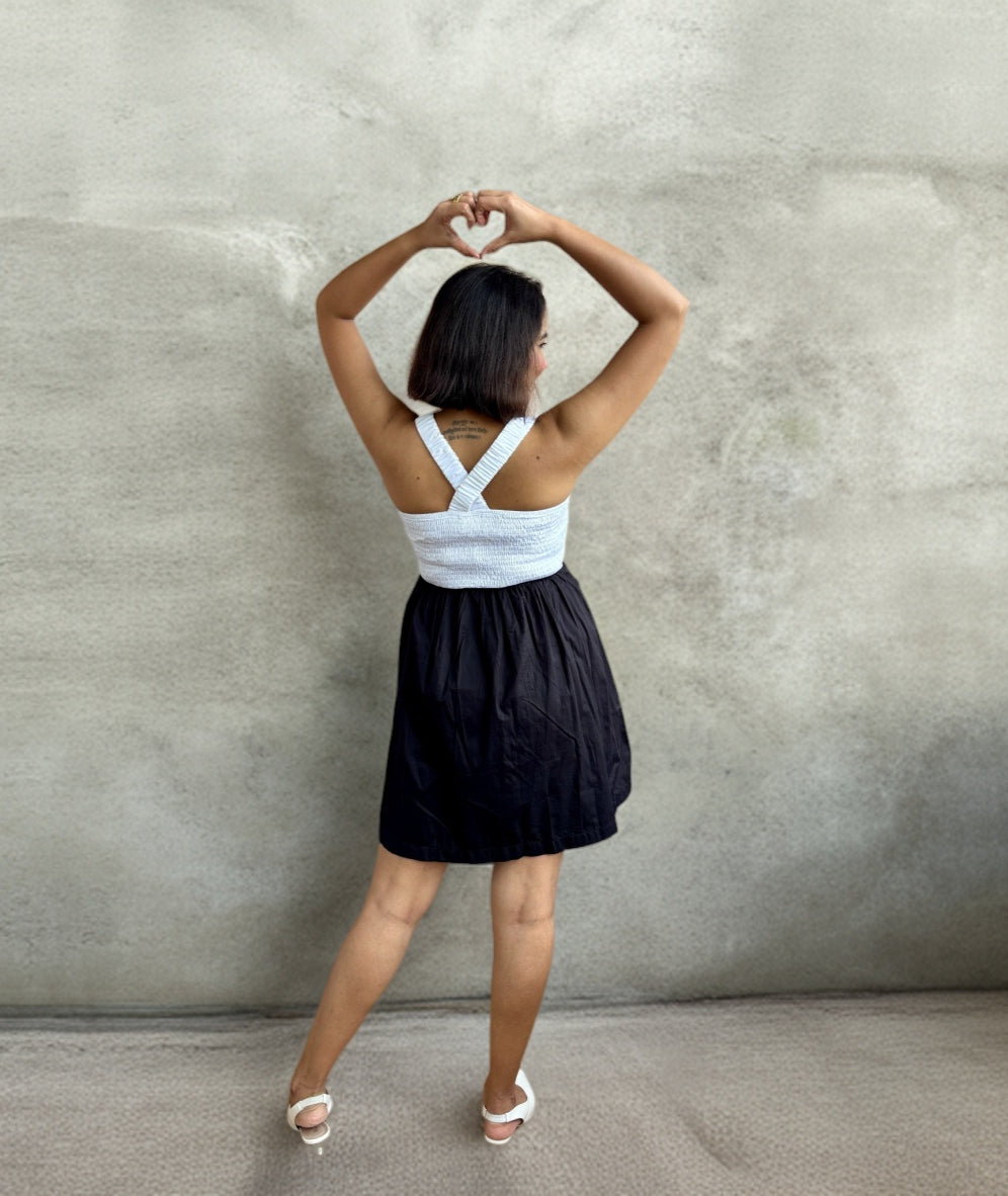 Black & White Smocked Cotton Mini Dress with 3D Flower image 2